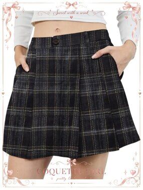 Pleated Plaid Mini Skirt High Waist A-Line with Pockets